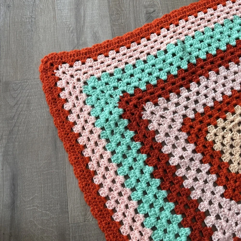 Crocheted  Blanket Handmade Lap Throw/Baby Blanket 30x30 Orange Peach Green